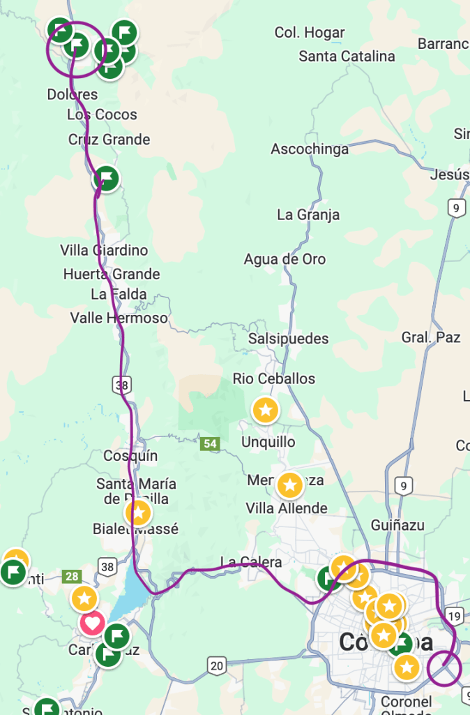 A map of Cordoba province with a purple line showing the route of the tren de las sierras